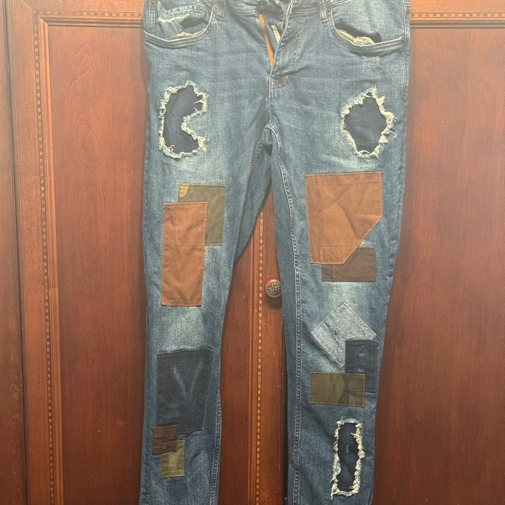 Men's Relaxed Fit Patchwork Jeans - Blue and Brown